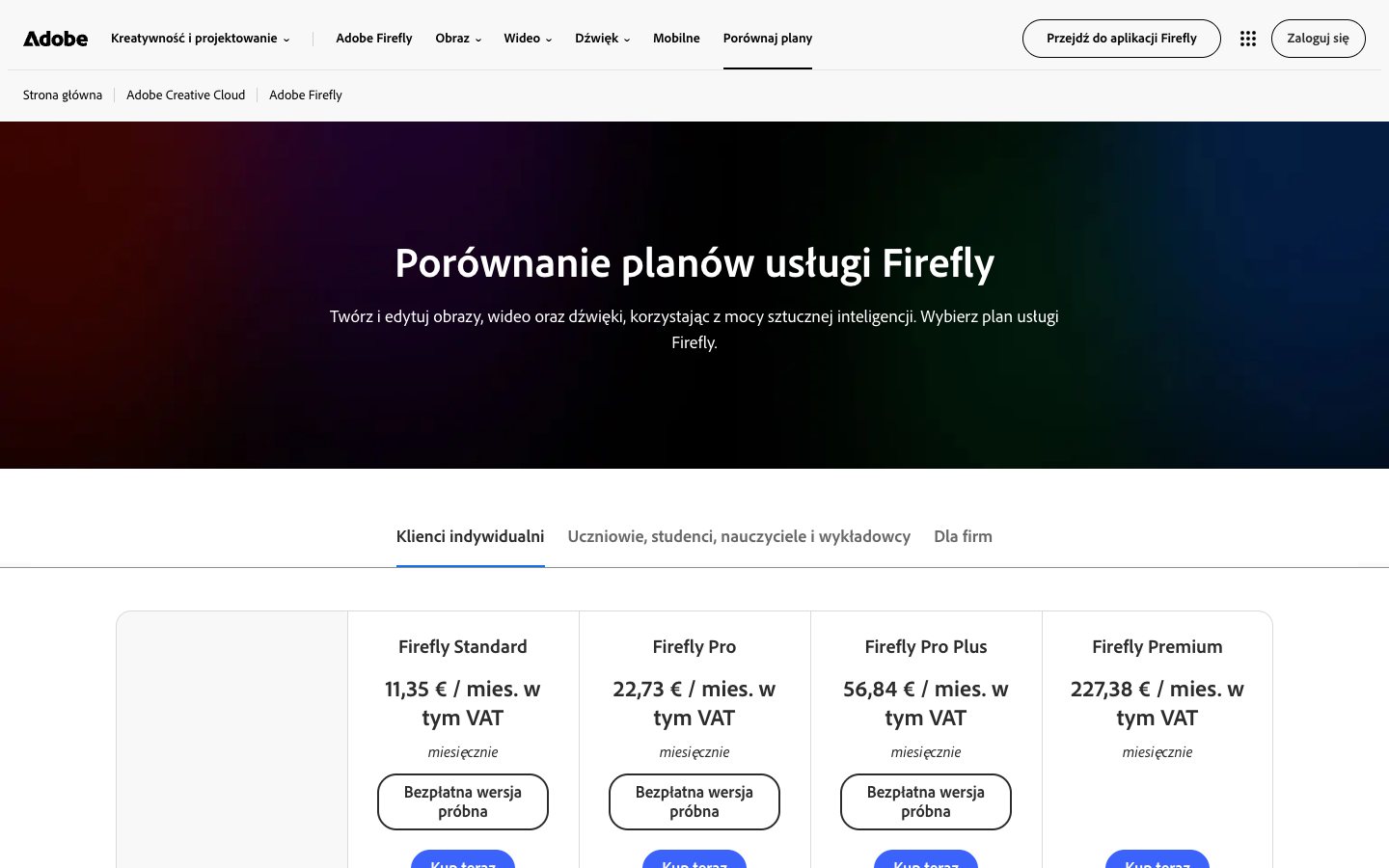 Cennik planów: Adobe Firefly
